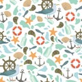 Seamless pattern with seagulls and anchors and weels. Sea nautical marine vector print for child decor or textile. Royalty Free Stock Photo